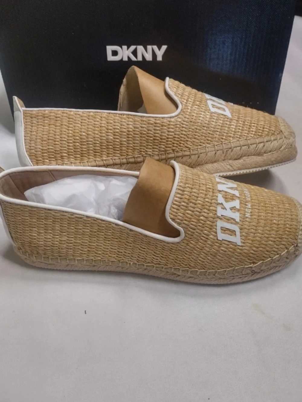 DKNY Tan Woven Espadrille Slip-Ons with White Logo